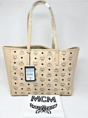 MCM Beige Logo-Print Leather Tote